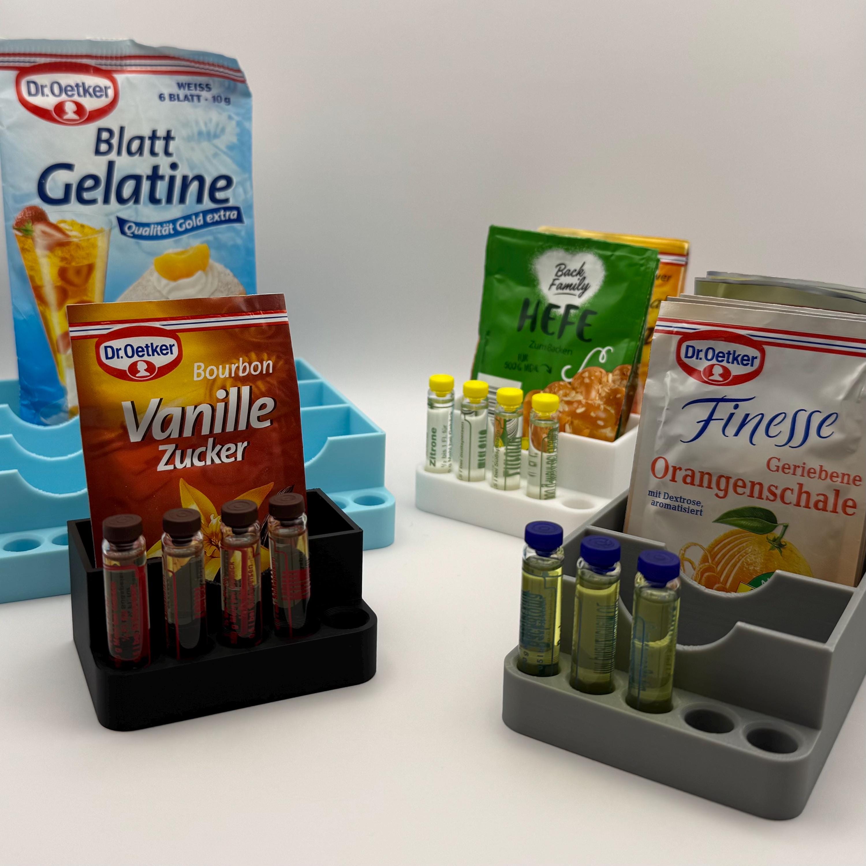 Backzutaten Organizer – Halter für Backpulver und Vanillezucker | Freistehende Küchenorganisation | Tütchen & Gewürze | 3D Druck