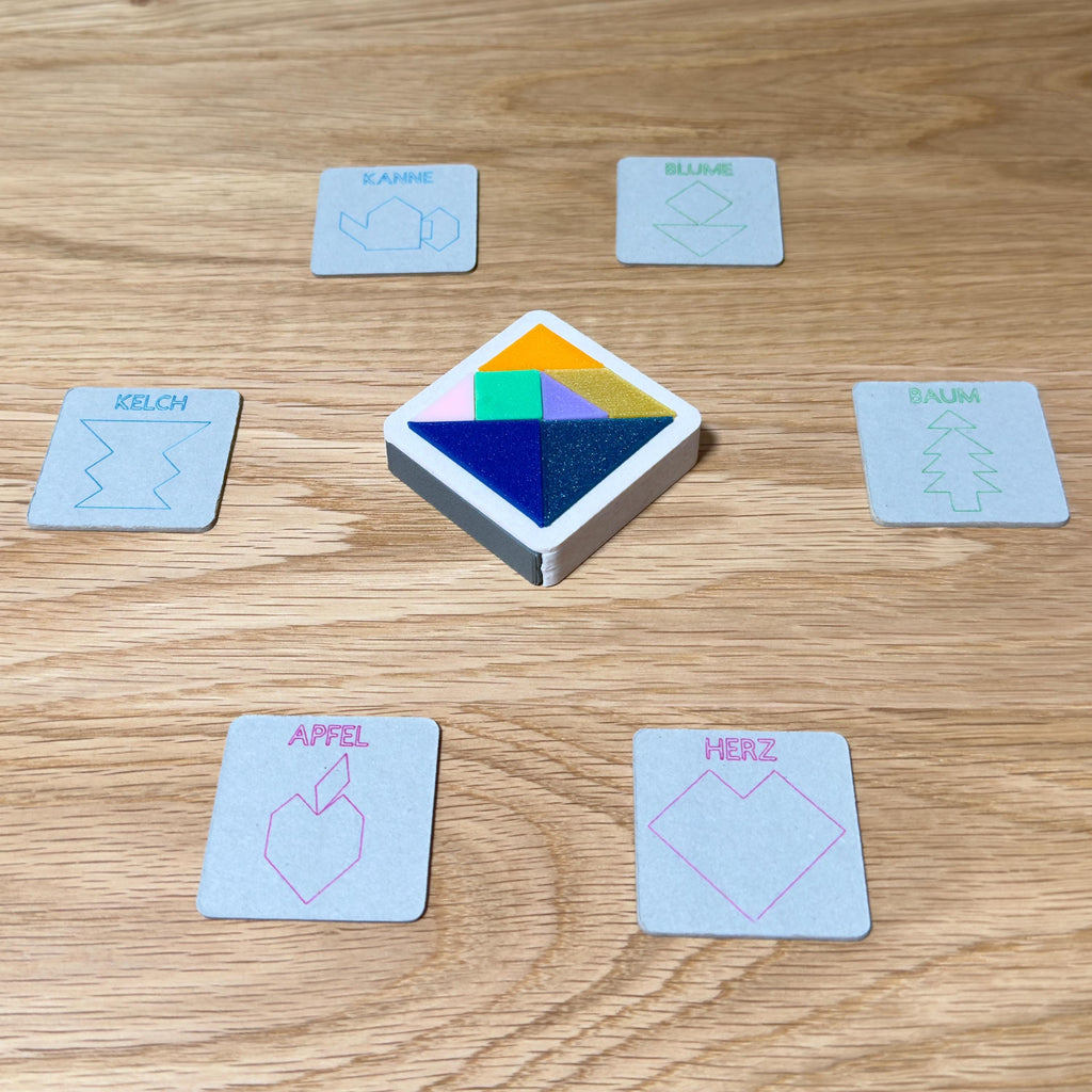 Tangram Reisespiel – 3D-gedrucktes Mini-Knobelspiel mit Aufbewahrungsbox & optionalem Schlüsselanhänger, Logikspiel to go, Geschenkidee